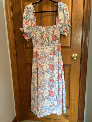 ASTR Smocked Square-Neck Floral Midi Dress in Pastel Multi, Medium NWT thumbnail 3
