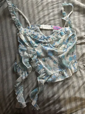 Edikted White and Light Blue Floral Ruffle Crop Top thumbnail 1
