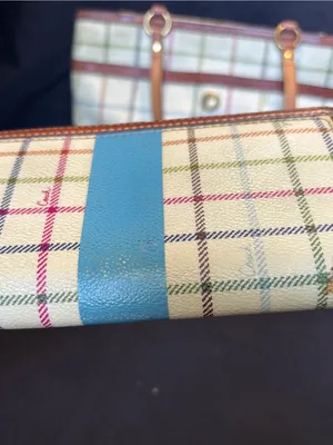 Vtg Coach Heritage Tattersall Plaid Coated Canvas Tote & Wallet with Blue Stripe thumbnail 12