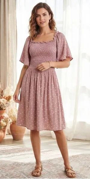 OPHELIA ROE Mauve Polka Dot Off‎ Shoulder Smocked Dress Womens 1x thumbnail 1