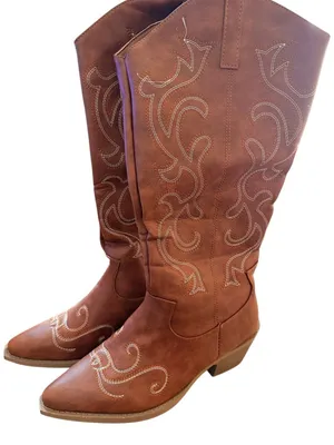 Western-Style Brown faux leather Cowboy Boots With Embroidered Design Side Zippe thumbnail 1