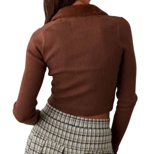 American Eagle Brown Ribbed Faux Fur Collar Zip Up Sweater Y2K Cozy Size M thumbnail 7