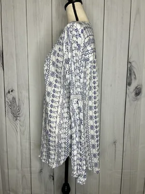 Ann Taylor Loft Blue White Floral Print V-Neck Cotton Tunic Top Sz L Lightweight thumbnail 5