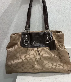 Coach Ashley Signature Sateen Carryall Satchel Bag F15510 Khaki Brown Leather⁠ thumbnail 1