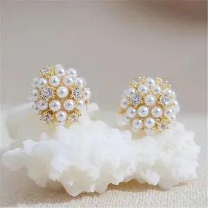Gold and White Pearl Cluster Stud Earrings - Timeless Floral Design thumbnail 4