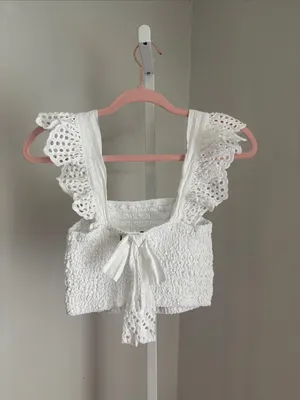 Misa Los Angeles Abelia Top White Smocked Eyelet Flutter Sleeve Crop Top Size S thumbnail 5