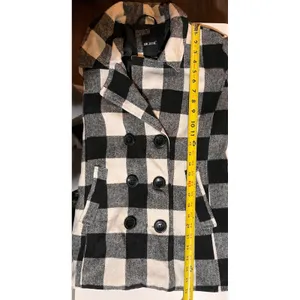 ME JANE Womens Plaid Pea Coat Jacket S Black‎ White Checkered Double Breasted thumbnail 6