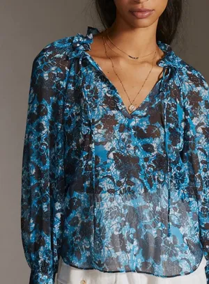 Anthropologie Blue Black Floral Lace Print SHEER Blouson Sleeve Blouse thumbnail 1