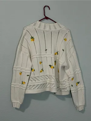 Maeve Lemon Embroidered Chunky Knit Open Sweater White Cream Women's Size Medium thumbnail 7