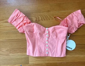 STAUD Coral Pink Ruched Off Shoulder Corset Crop Top Sweetheart XS NWT thumbnail 1