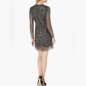 French Connection Emille Sparkle Black & Gold‎ Sequined Dress Sheer Sleeves Sz 4 thumbnail 3