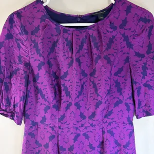 Banana Republic Purple Damask Silk Blend Sheath Dress Short‎ Puff Sleeve Size 4 thumbnail 4