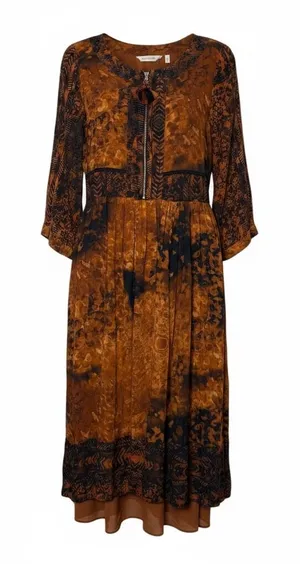 Soft Surroundings Rust Batik Midi Dress 3/4 Sleeve Tassel Zip Venetian boho Sz 4 thumbnail 1
