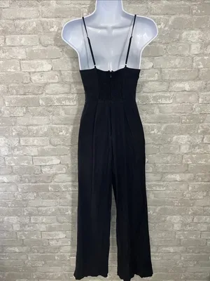Urban Outfitters Black Spaghetti-Strap Wide-Leg Jumpsuit with Side Buttons thumbnail 4