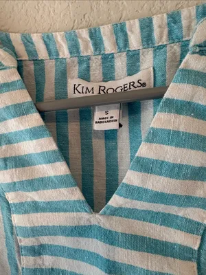 Kim Rogers Blue & White Striped V-Neck linen and cotton Top thumbnail 2