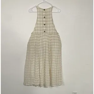 KIMCHI BLUE Size S Gingham White Beige Plaid Linen Cotton Pinafore Dress Snaps thumbnail 9