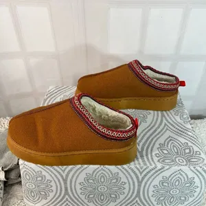 Brown Faux Suede Aztec Embroidered Faux Fur Lined Slip On Platform Clogs Size 41 thumbnail 4