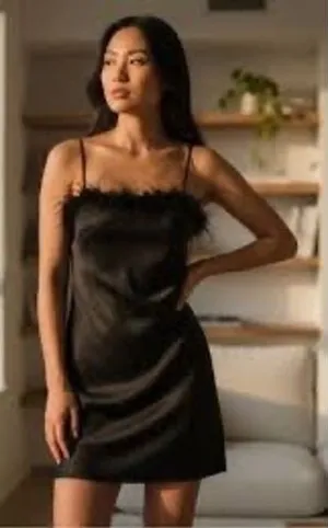 Thirty Thirty LA Black‎ Satin Feather Trim Mini Dress Womens Large 6DWAW554 thumbnail 1