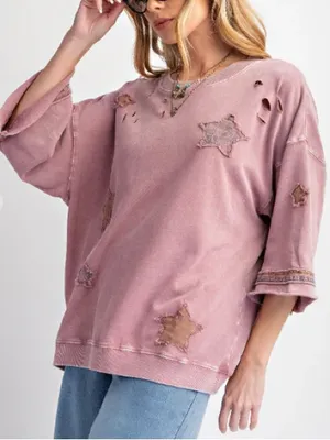 Easel Boho Star Patchwork Oversized Tee Size Large Distressed Sweater thumbnail 1