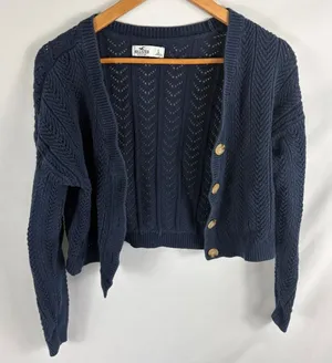 Hollister Knit Cropped Button Front Dark Blue Sweater Size Large thumbnail 1