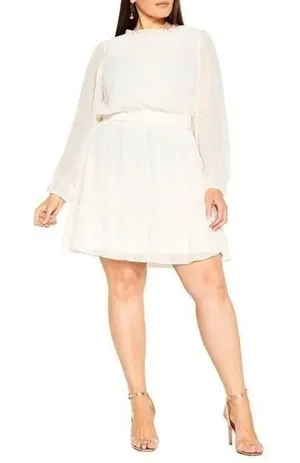 City Chic Dobby Long Sleeve Tiered Mini‎ Dress Womens 18 Ivory Cottage Romantic thumbnail 1