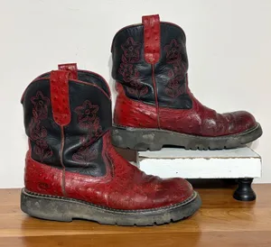 Roper Red Ostrich Print Black Leather Floral Embroidered Western Boots 8 530-200 thumbnail 1