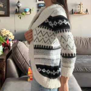 American Vintage Y2K Fuzzy Thick Cardigan Aztec Print Black and White Open Front Size Small thumbnail 2