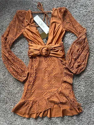 PatBO Rust Crochet Long-Sleeve Mini Dress with Belt thumbnail 1