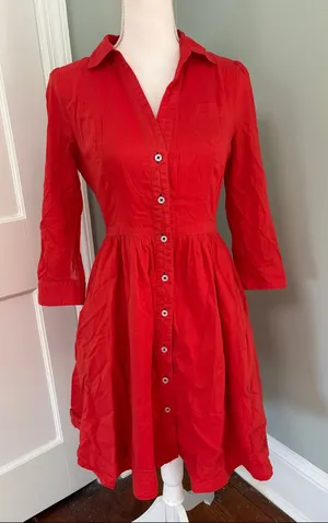Moulinette Soeurs Vibrant Red Button-Front Midi Shirt Dress Tab Sleeves‎ Size 2 thumbnail 1