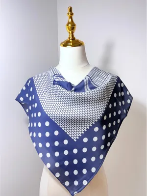 Elegant Navy Blue Polka Dot and Geometric Pattern Scarf - Lightweight thumbnail 1