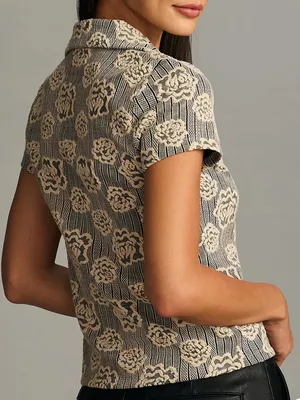 Anthropologie Maeve Floral Jacquard Zip Neck Polo Top Black Cream Size XS thumbnail 2