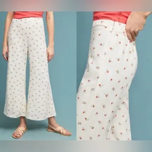 Anthropologie Feather Bone Talese Wide Leg Linen Blend Cherry Print‎ Pants Sz 6 thumbnail 2