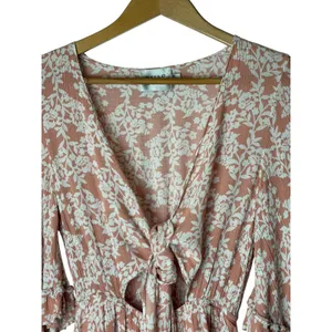 Hello Molly Floral Romper Women XS Pink Ruffle Tie Front Cutout Boho Cottagecore thumbnail 4