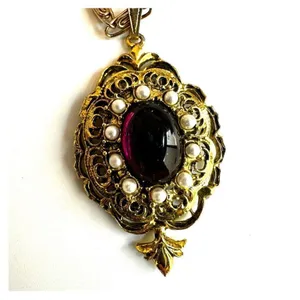 Gold tone faux pearl red Victorian pendant necklace thumbnail 10