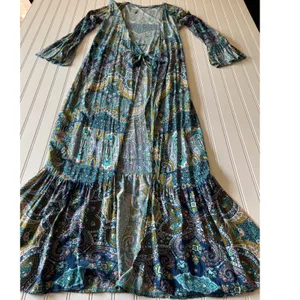 R.Vivimos Paisley Maxi Dress Cardigan Tie Front Bell Sleeve Duster Teal S thumbnail 3