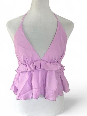 UUE Women's Purple Solid Halter V-Neck Ruffle Backless Tank Top, Size S thumbnail 5