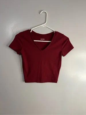 Wild Fable Burgundy V-Neck Short Sleeve Crop Top Size XS thumbnail 6