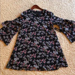 NWT Lulus Black Dress with Gray, pink & green florals 2 tier bell sleeves size S thumbnail 1
