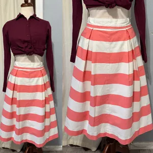 100% Cotton Womens Midi Skirt Size M Pink White Striped Pleated‎ Mod Nautical thumbnail 2