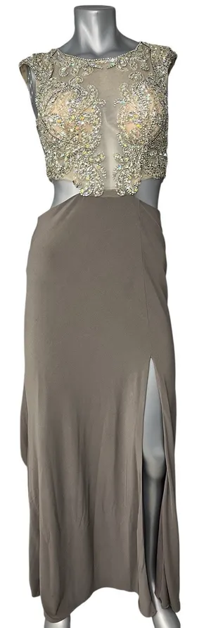 Jasz Couture Dress Taupe Size 4 Prom Dress Cut Out Sequins Sheer Gown Formal thumbnail 1