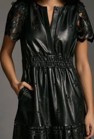 The Somerset Faux Leather Embroidered Cutwork Maxi Dress, Size XXS thumbnail 4