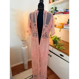 Blush Pink Lace Romper Maxi Dress Deep V Neck Floral XL - ELETER thumbnail 3