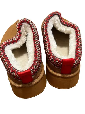 Women’s Size 40 Platform Slippers Suede Fluffy Soft Lined Brown Embroidered Trim thumbnail 6