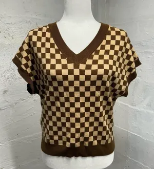 Willow and Wind checkered sweater brown and tan short sleeve v neck thumbnail 1