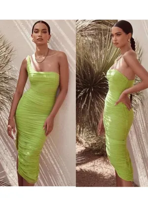 House Of Cb Nia Ruched Green One Shoulder Midi Dress XS thumbnail 2