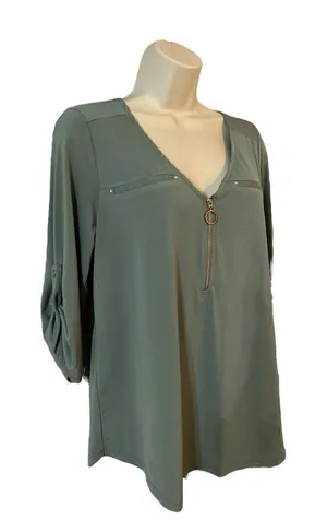 Women’s dressy casual sage green top quarter zip roll tab sleeves size small thumbnail 1