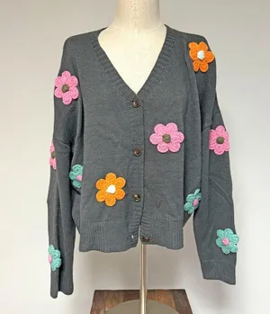 J.Nna Floral Embroidered Cardigan Gray Size L thumbnail 1