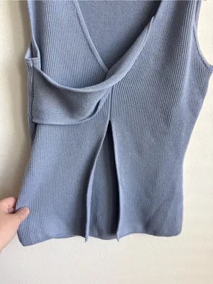 SABO Slate Blue Ribbed Knit Top Deep V Crossover Sleeveless Open Front Size S thumbnail 4