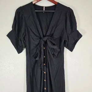 Free People Vintage Summer Midi Dress Tie Front Button down Black Size Large thumbnail 7