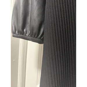 Marc New York Andrew Marc Black Ribbed Mock Neck Faux‎ Leather Puff Sleeve Top L thumbnail 5
